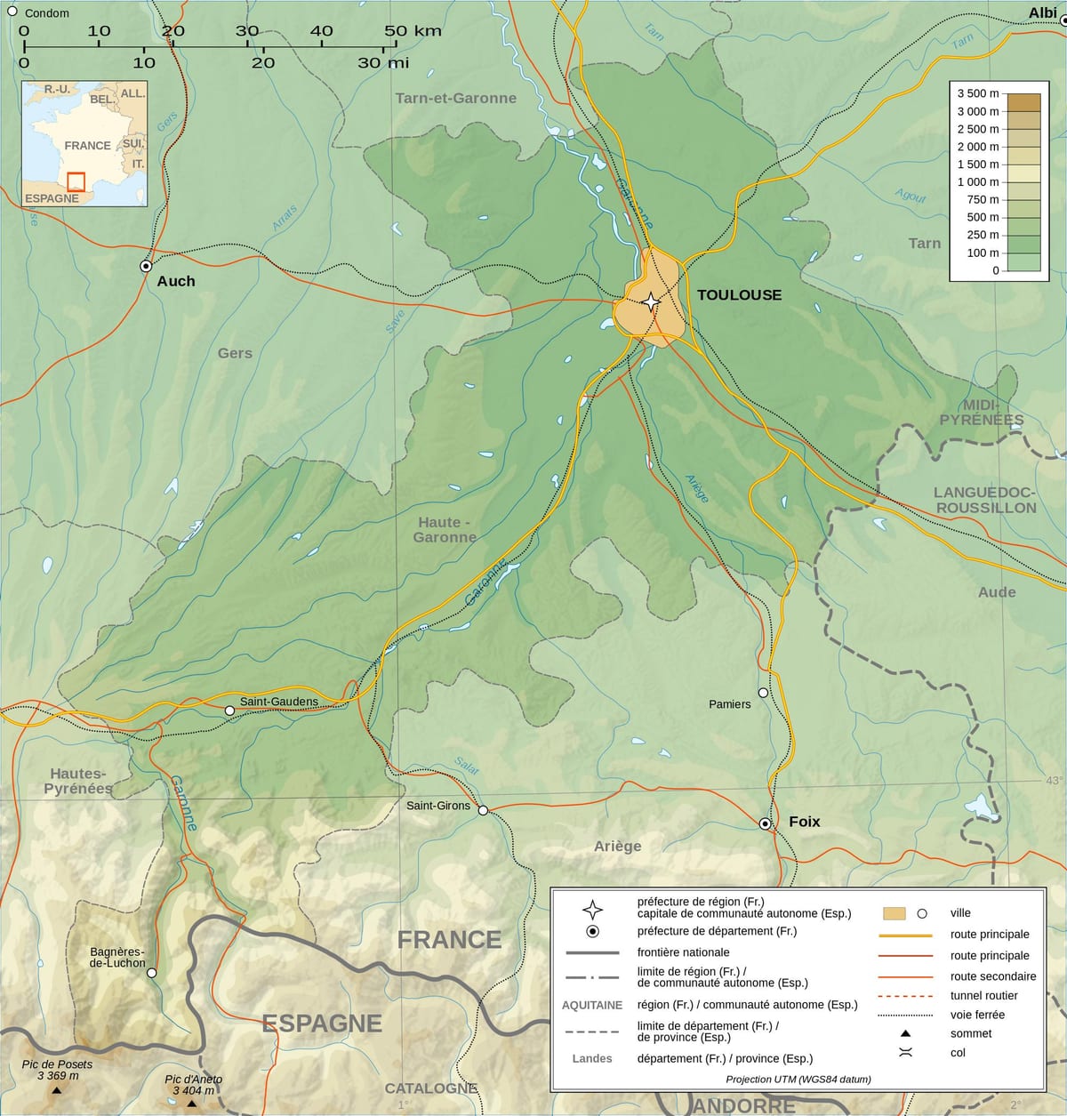 топографски карта на Toulouse